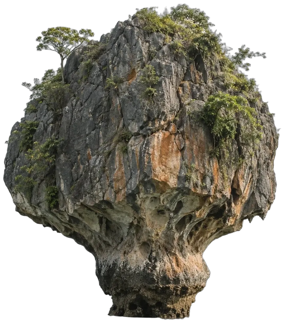 A weathered limestone karst tower, lifted out of the sea and floating in space