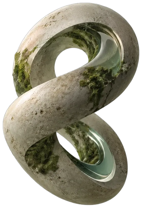 A weathered stone ribbon twisted into a loop, with moss and a glass interior, floating in space