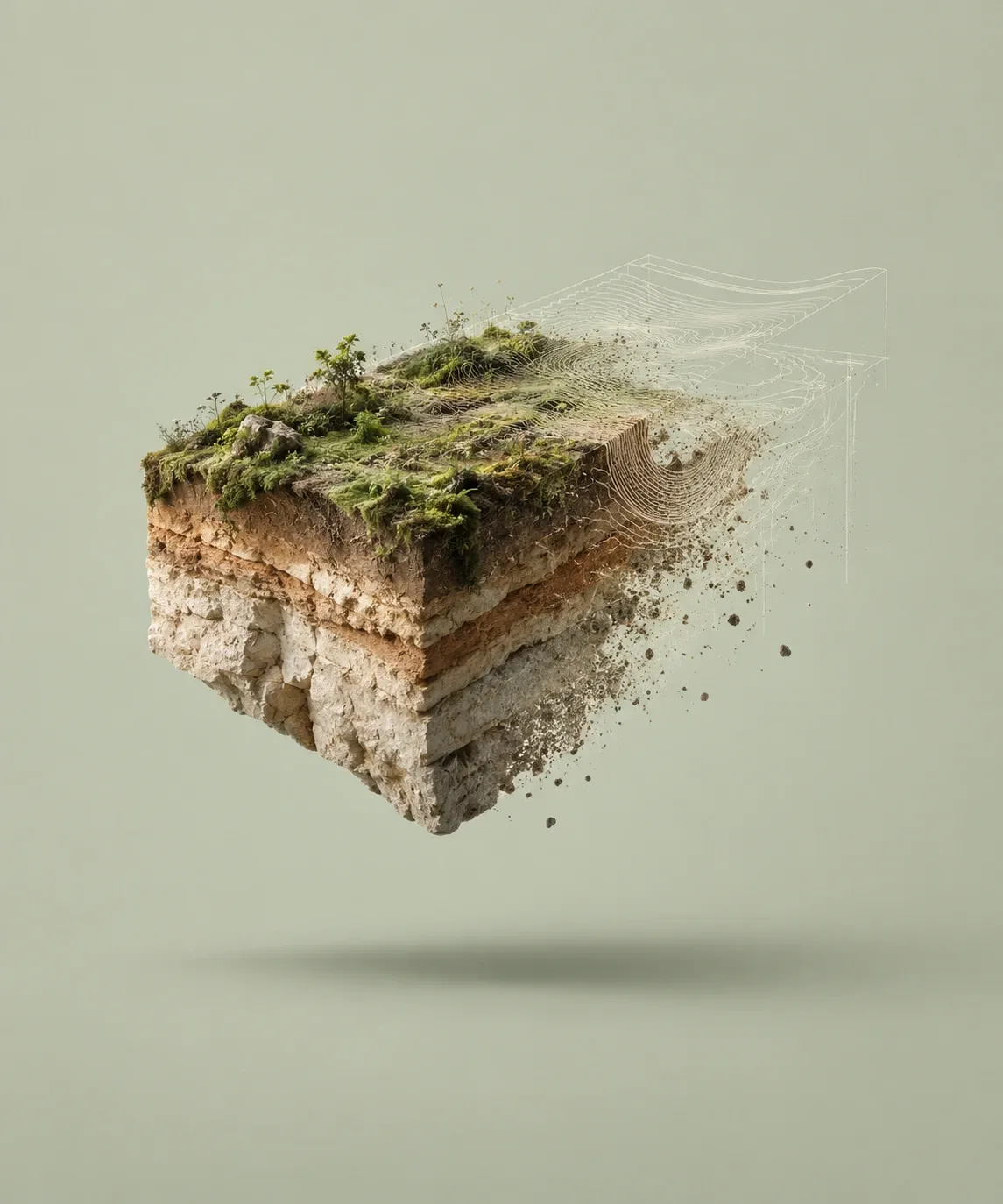 A floating slab of ground in cross-section, with moss on top and layers of stone and soil, one corner dissolving into fine contour lines as if still being built